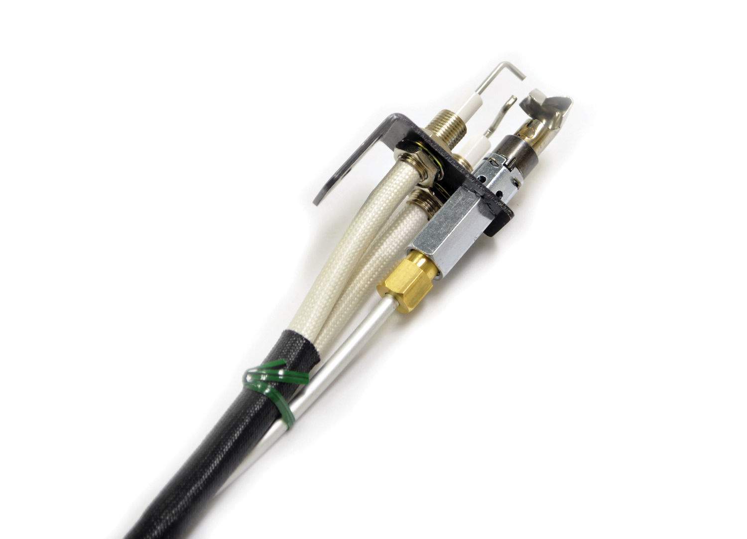Dexen electronic ignition pilot assembly with metal fittings, brass connector, and black wire leads