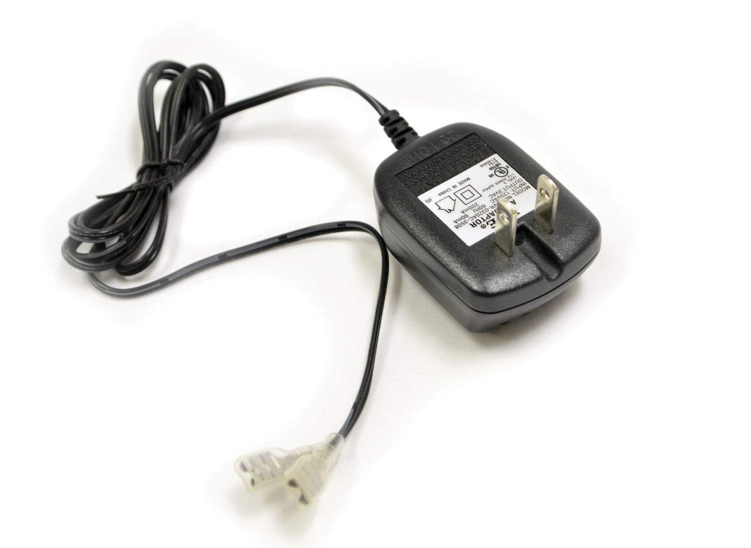 AC wall power adapter with black housing and attached power cable with plug