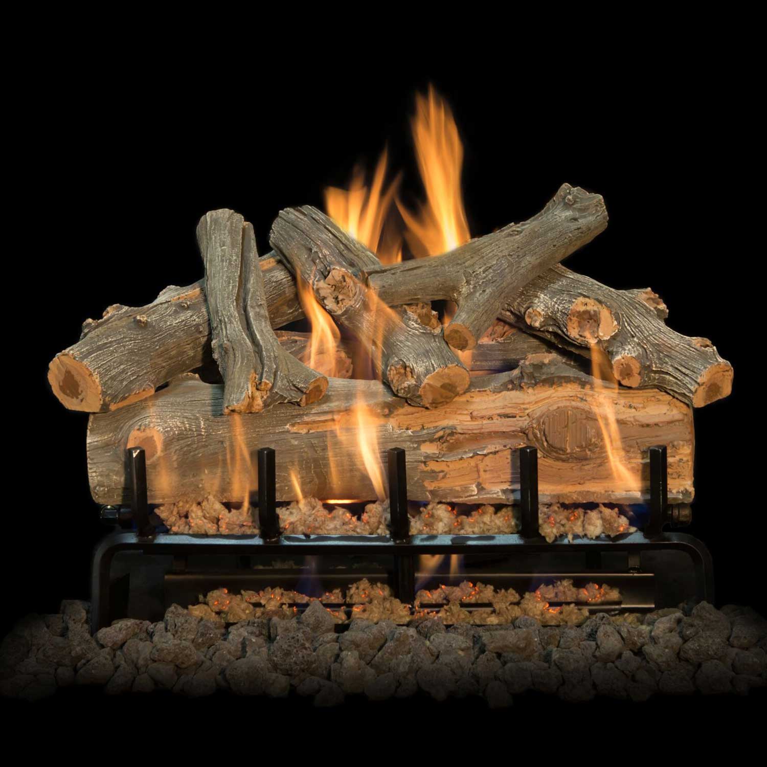 Double-sided vented gas log set with Arizona juniper-style logs and open flames