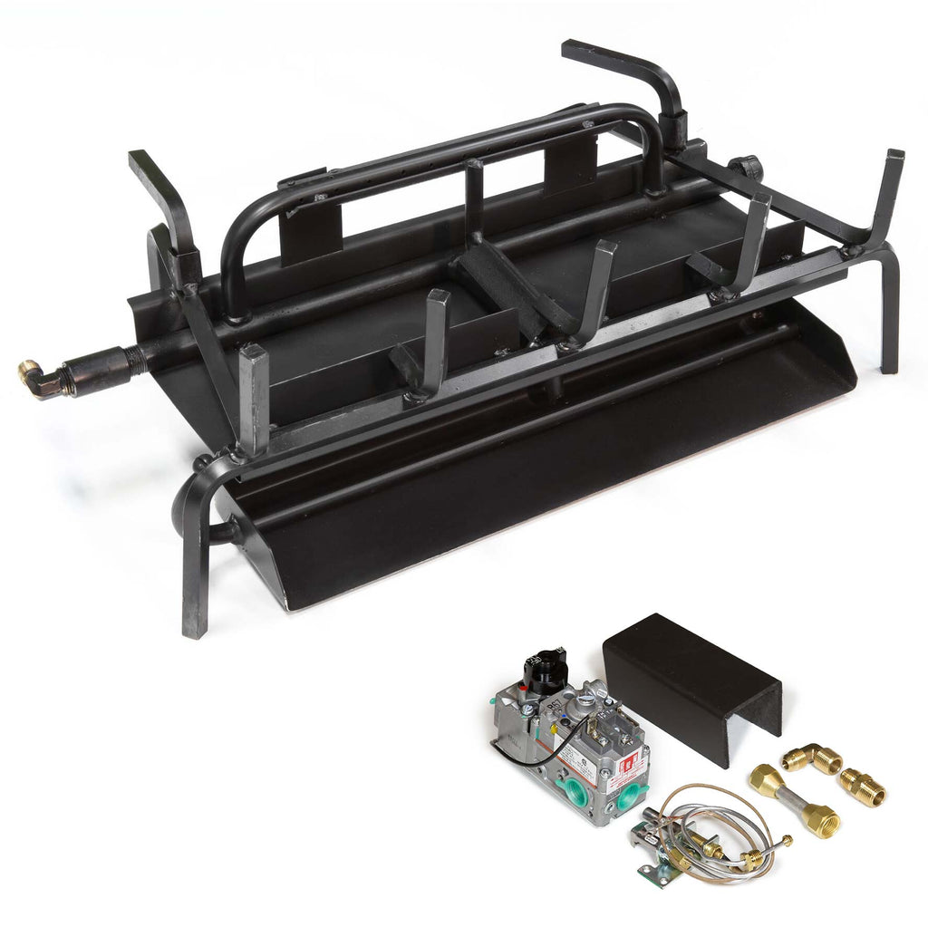 Vented gas log burner assembly with metal grate and ignition components, black