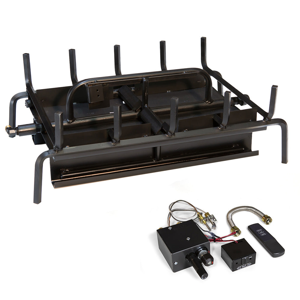Outdoor gas grill burner system with black burner box, wires, and remote control module