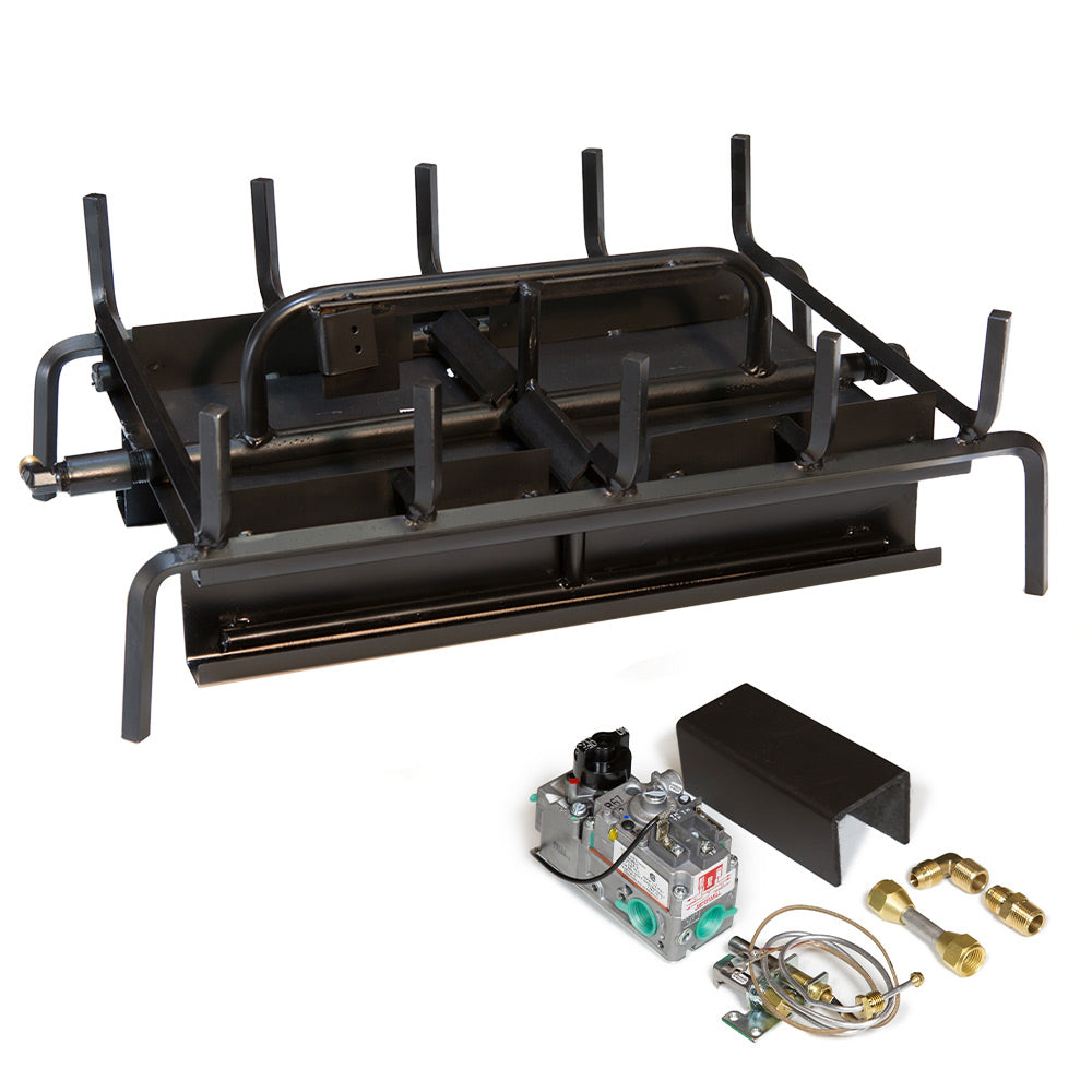 3-burner grill burner system with black metal frame and control box, hoses and fittings