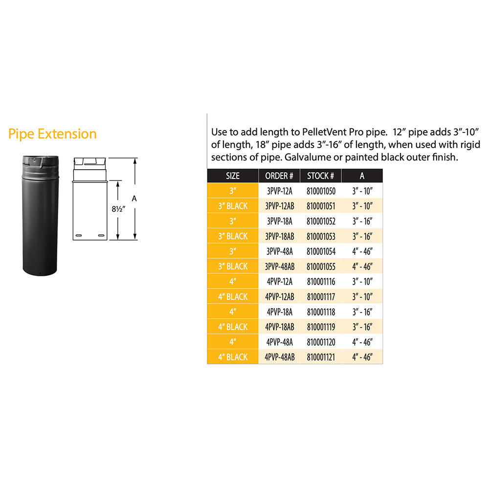 Stove pipe extension size chart with pipe illustration and length options