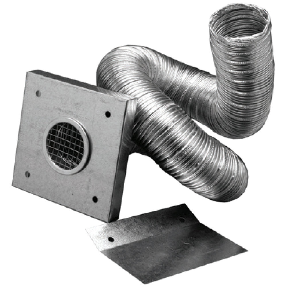 Pellet vent fresh air intake kit with mounting plate, screen, and corrugated flex duct