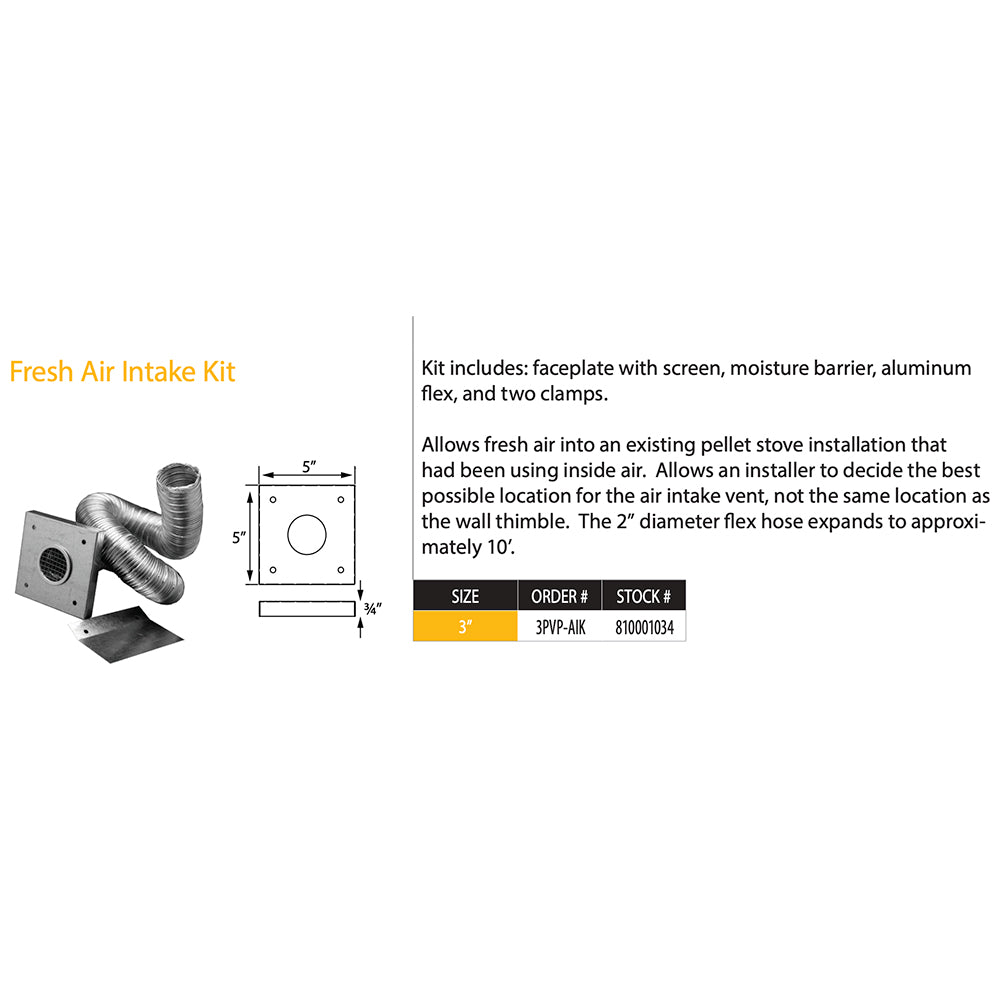 Fresh air intake kit diagram with mounting plate, screen, and flex duct dimensions