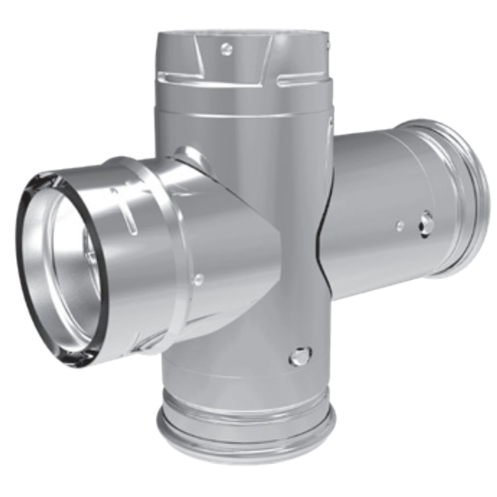 Steel pellet vent double tee with clean-out tee cap, three-way connector