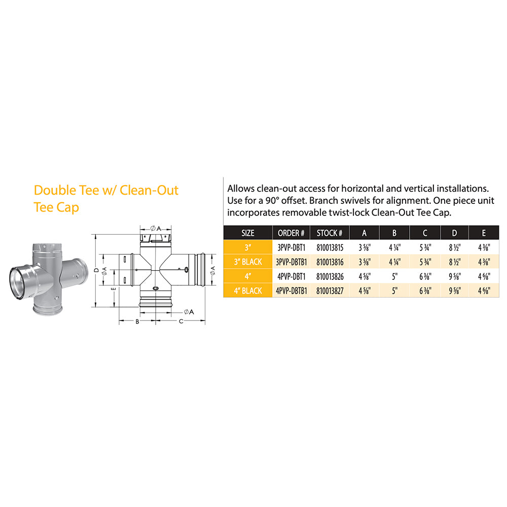 Pellet vent double tee clean-out access diagram with size chart