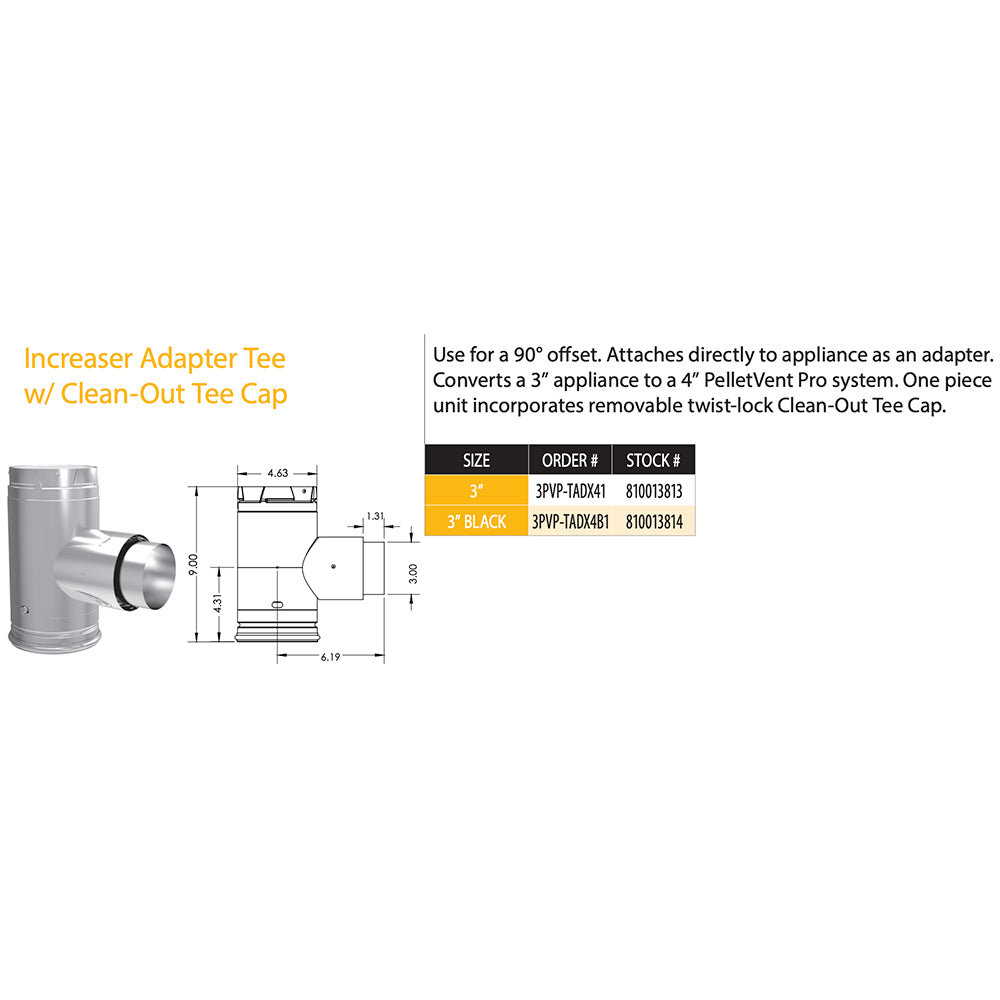3-inch pellet vent adapter tee with clean-out tee cap shown with size diagram