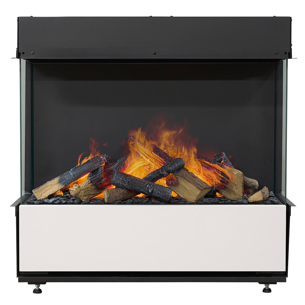 28-inch water vapor fireplace with black glass front and glowing orange flame logs