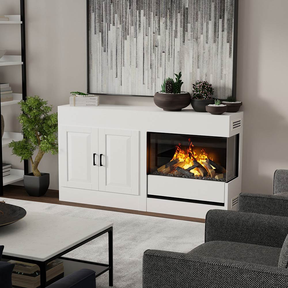 White cabinet water vapor fireplace with glass window showing orange flame effect