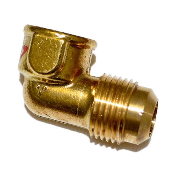 Brass 90° female elbow fitting, 1/2-in tube to 3/8-in FIP