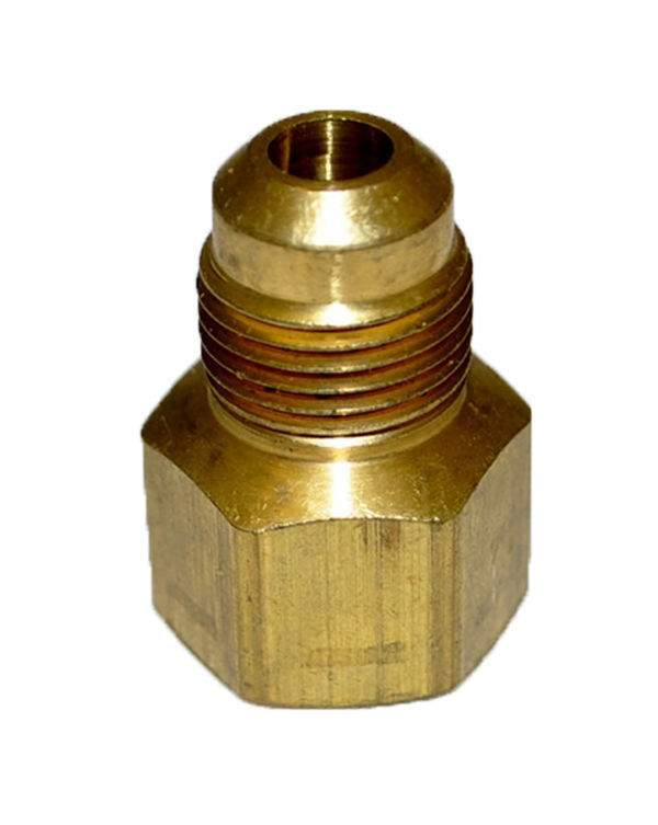 Brass fire adaptor fitting with hex body and male threads, 3/8 tube to 1/2 FIP