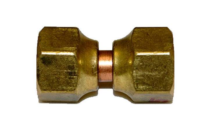 Brass swivel connector with flare fittings, two hex ends and central seal