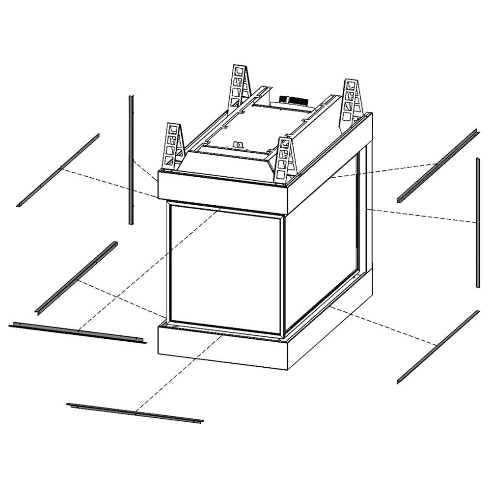 Fireplace tile lip kit installation frame with side and top tile supports diagram
