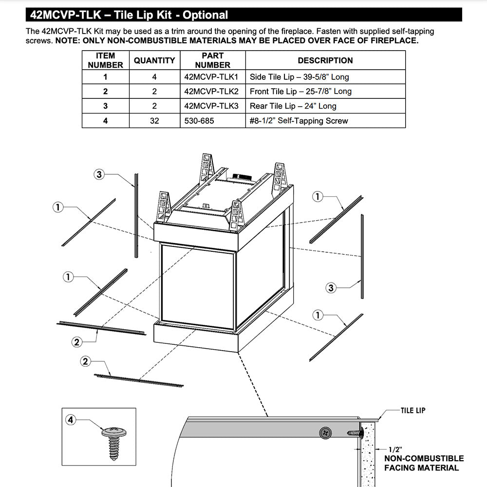 Fireplace tile lip kit parts list and tile lip panel with mounting screw detail