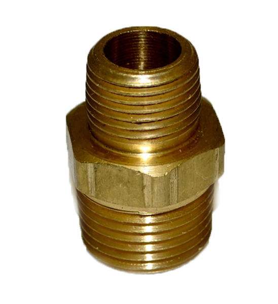 Brass reducing nipple fitting, 1/2 in MIP to 3/8 in MIP