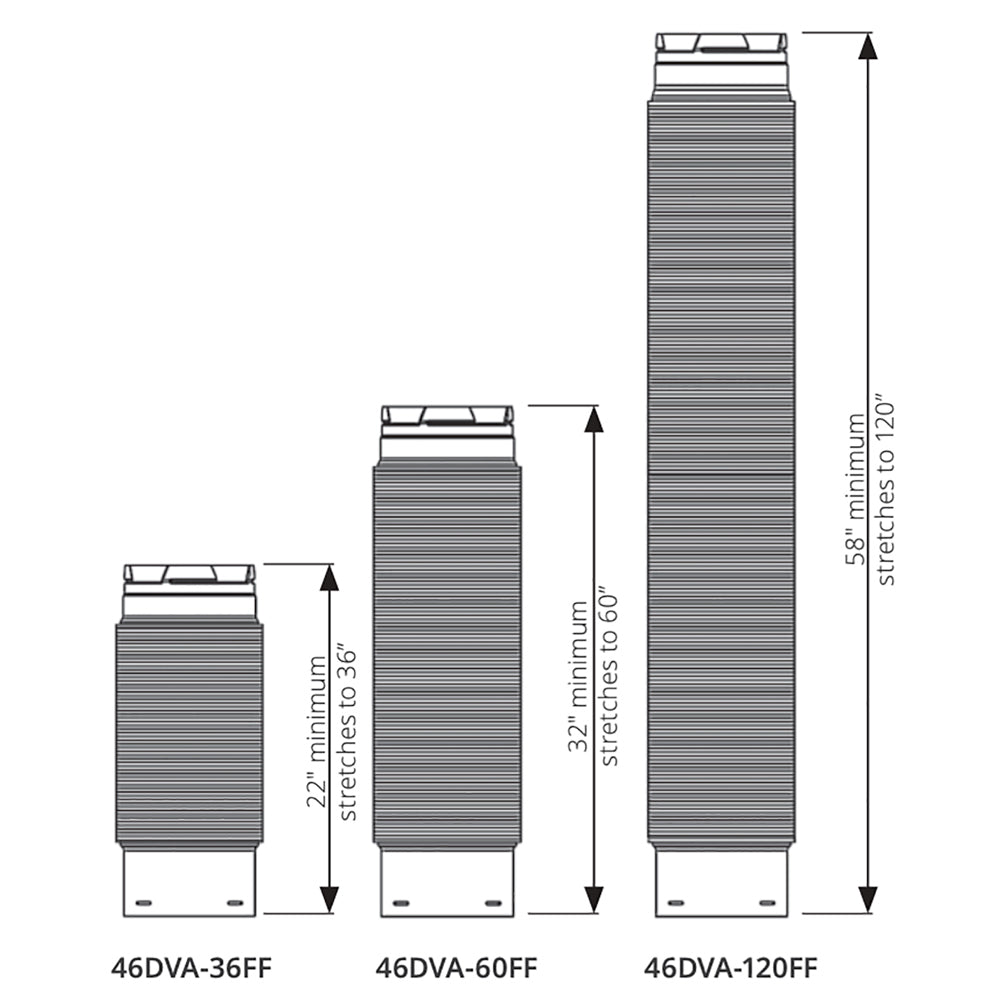 DuraVent concentric flex vent pipe sections in three lengths, gray ribbed with flange ends