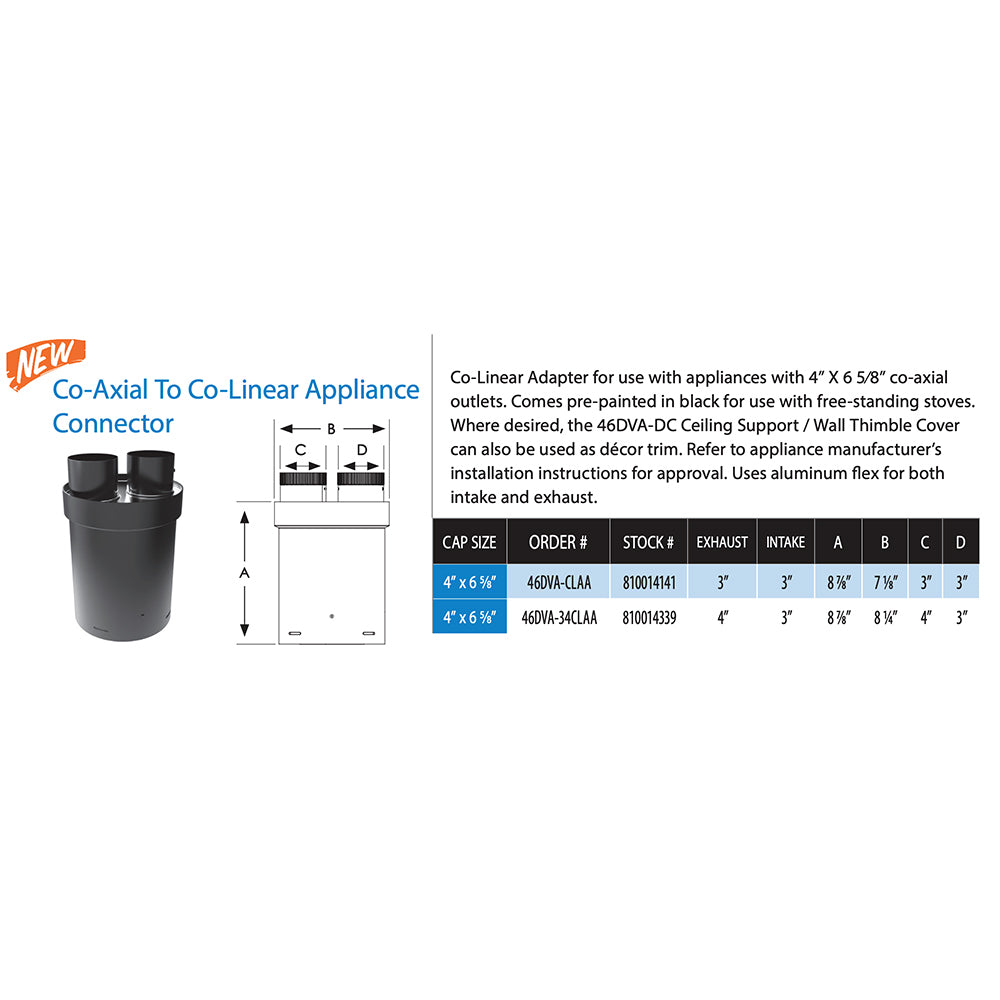 DuraVent 46DVA-xCLAA DirectVent Pro 4x6-5/8-Inch Diameter Co-Axial to Co-Linear Appliance Connector