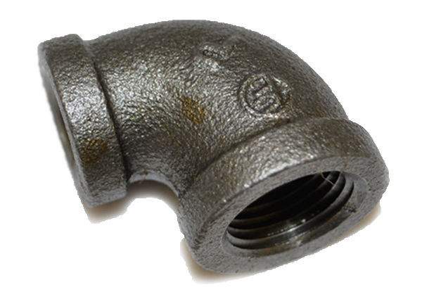 Black iron reducing elbow fitting with internal pipe threads, 1/2 to 3/8 FPT
