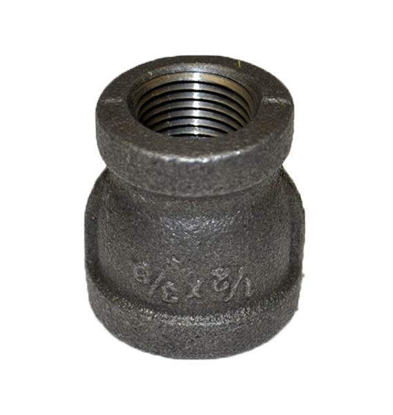Black cast-iron reducing coupler with internal threads, 1/2 to 3/8 FPT