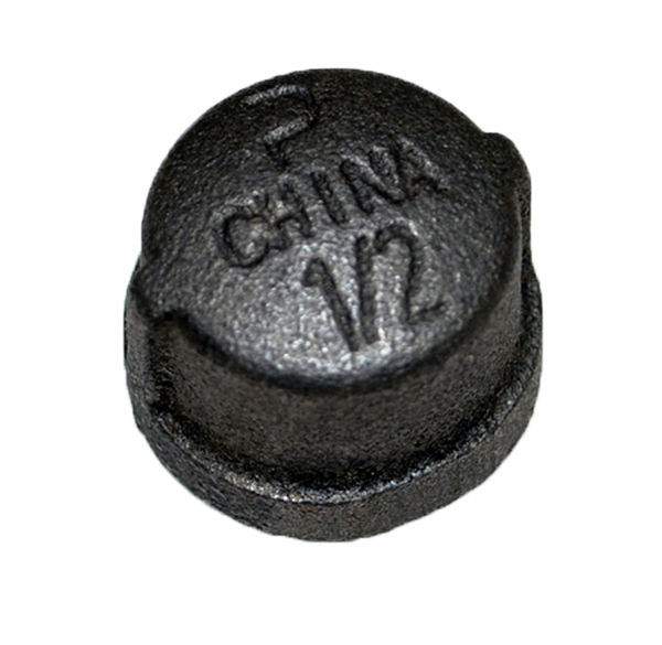 Black iron pipe cap with embossed markings, 3/8 in FIP