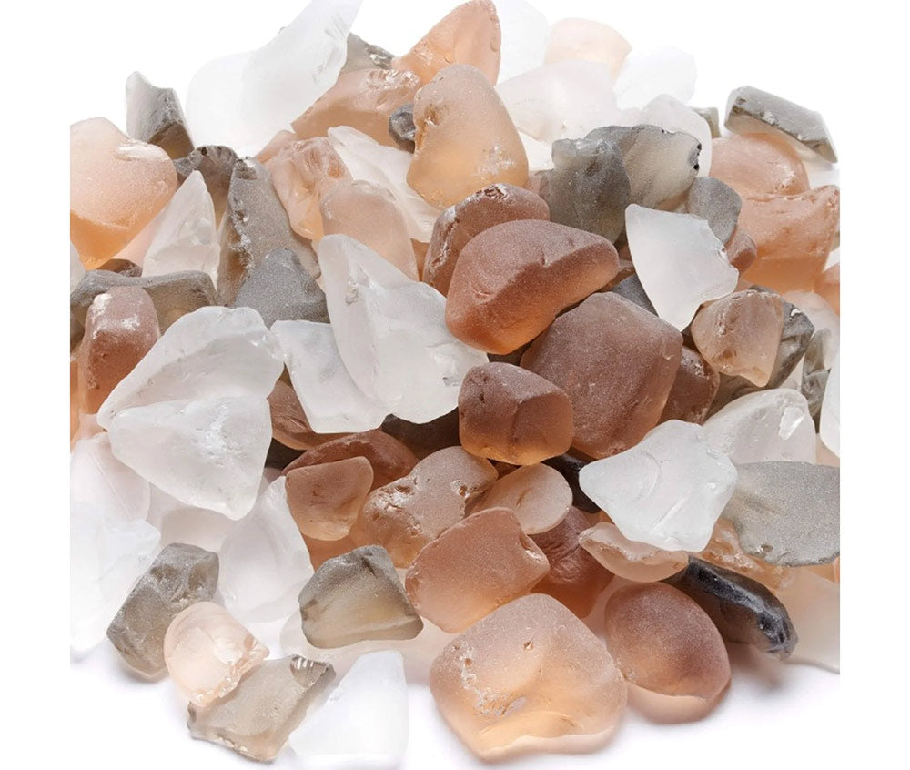 Tumbled glass ember pieces in white, clear, and brown tones