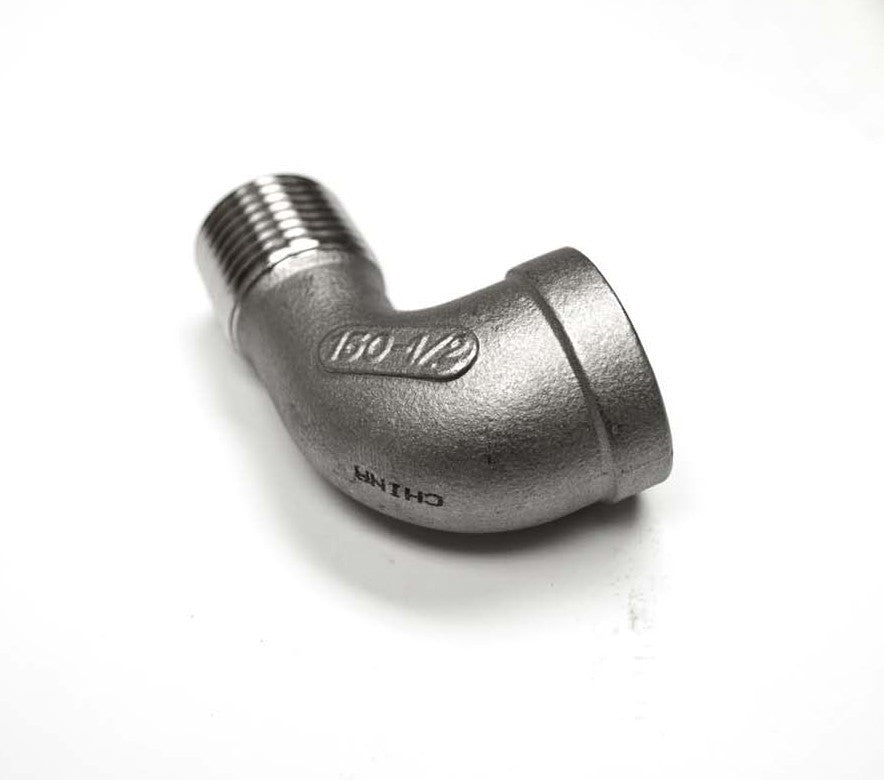 Stainless steel street elbow fitting with external threads, 3/8-inch.