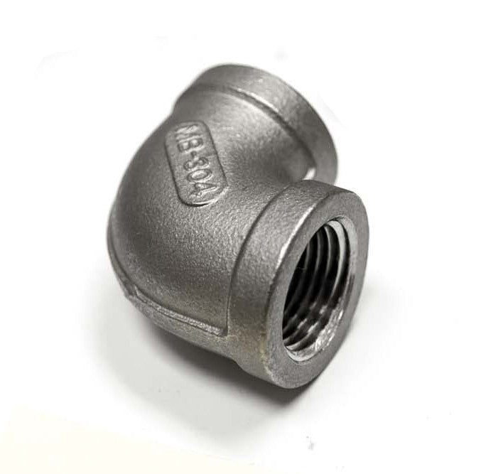 Stainless steel 1/2-inch female-to-female elbow with threaded ends