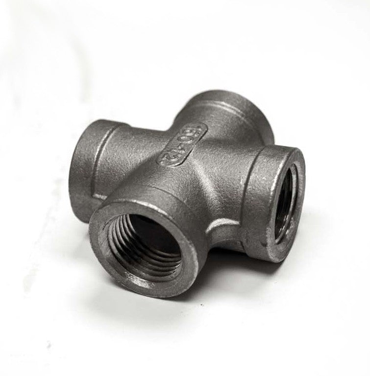 Stainless steel fire cross fitting with three threaded ends, 1/2-inch
