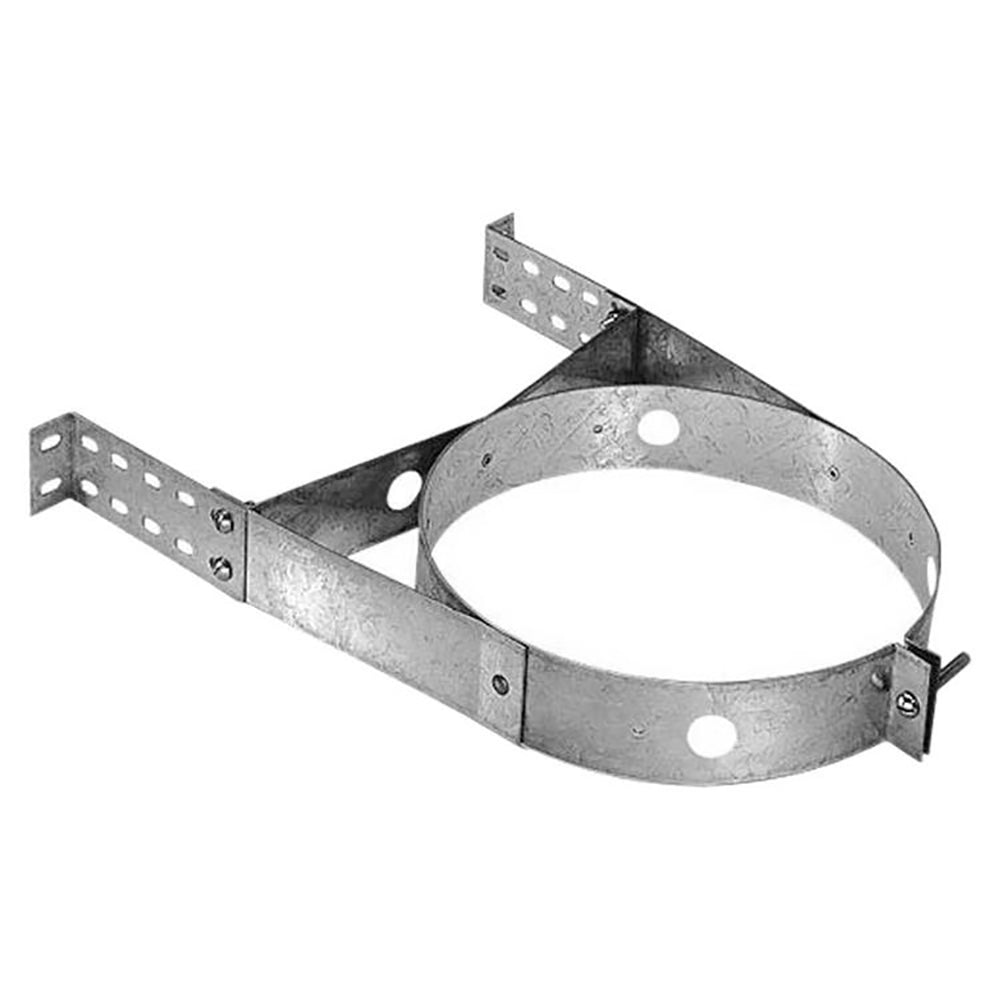 Galvanized steel 5-inch wall strap with circular pipe support and mounting holes