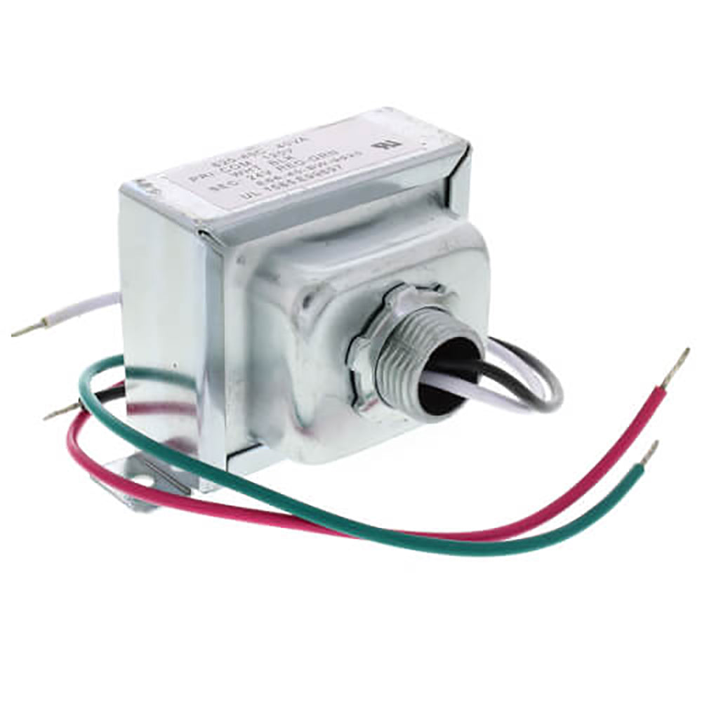 24V transformer module with mounting base and wire leads, gray metal housing