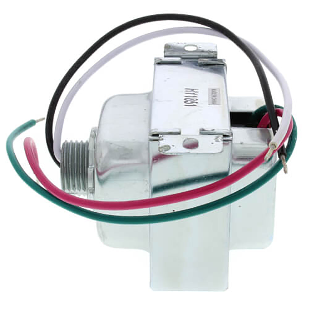 Hardwired 24V transformer with metal housing, conduit connector, and colored wire leads