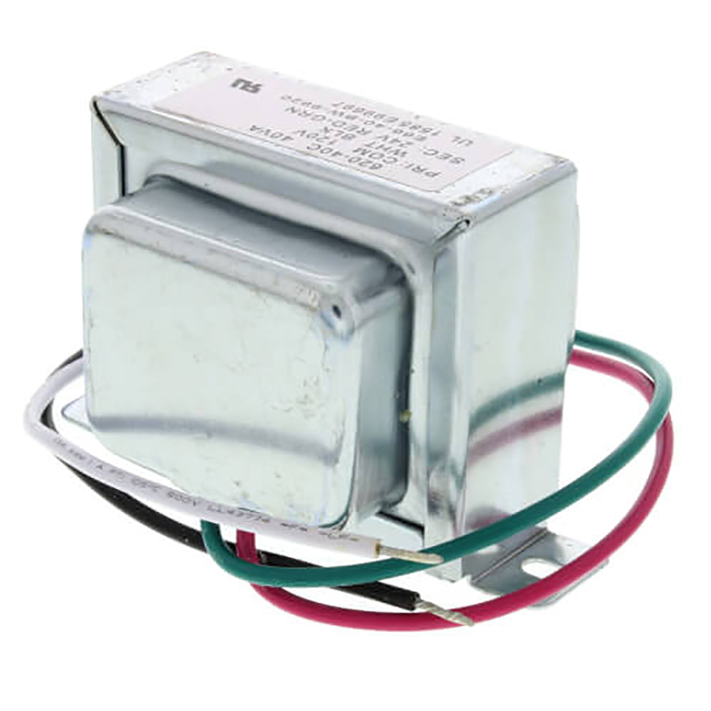 Transformer with gray metal case and multi-wire hardwire leads, angled view