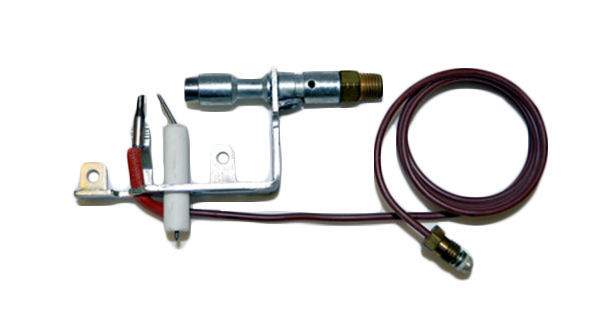 Gas vent-free pilot assembly with metal valve, wires, and red ignition lead