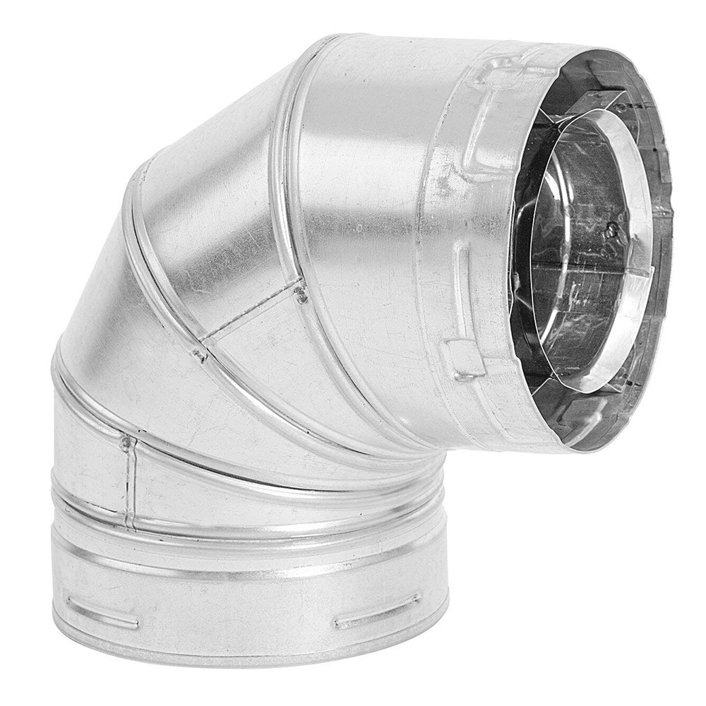 90-degree rigid vent elbow fitting, silver metal with flared end