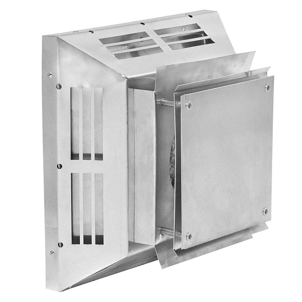 Metal horizontal direct-vent fireplace termination with louvered openings and hinged side panels