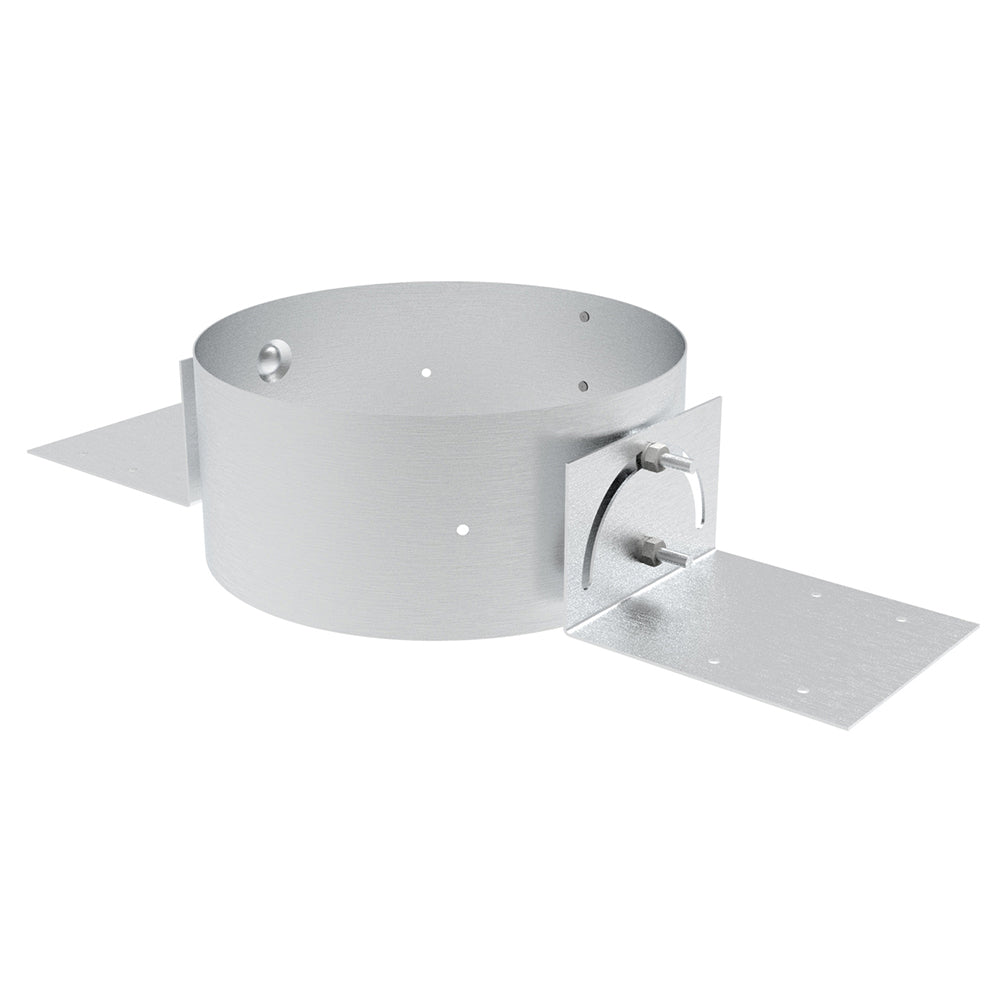 6-inch chimney roof support with round metal collar and flat mounting plate, silver