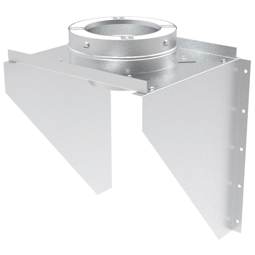 Metal chimney support bracket with round 6-inch collar and mounting plate, silver
