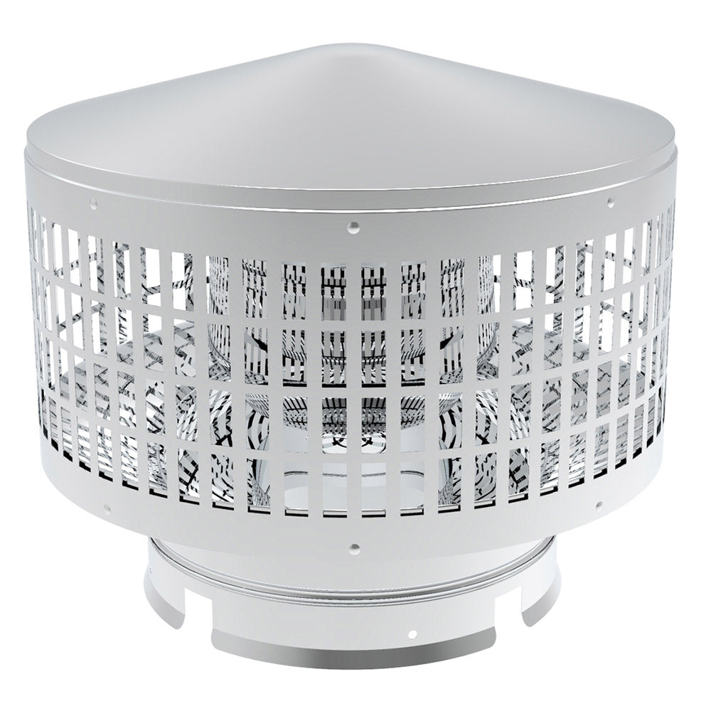 Round stainless chimney spark arrestor cap with mesh sides and vent holes