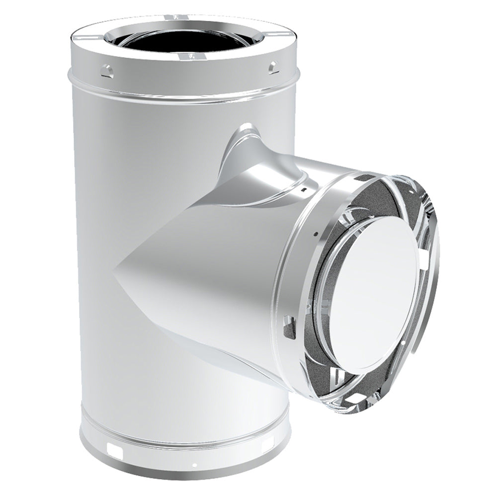 Stainless steel chimney tee with wall flange and round opening, freestanding stove cap