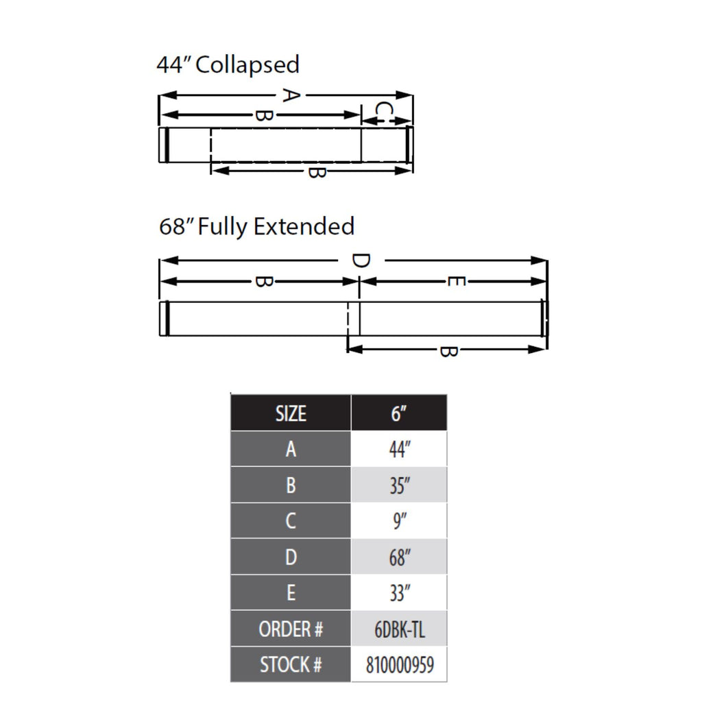 Vent length diagram showing 44" collapsed and 68" fully extended sizes and ordering details