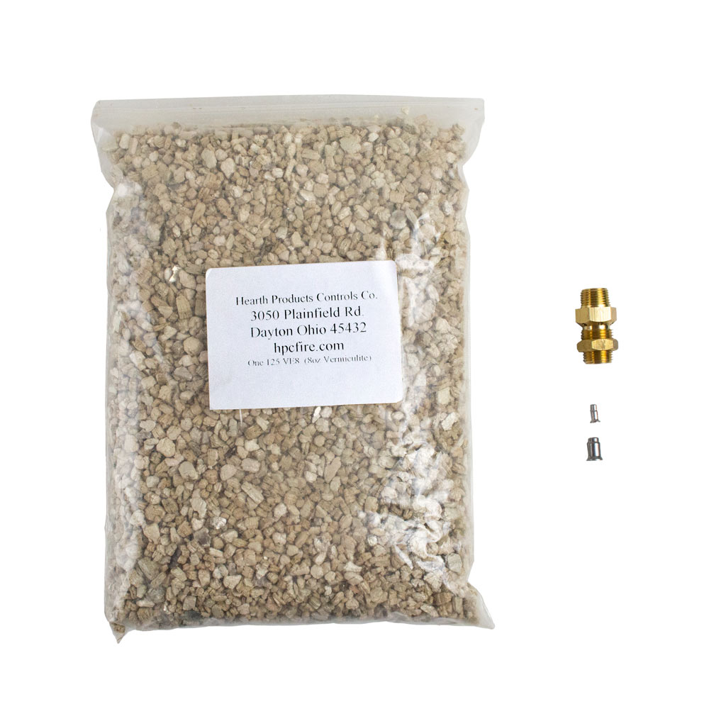 Propane conversion kit parts: bag of beige granules with label and brass connector