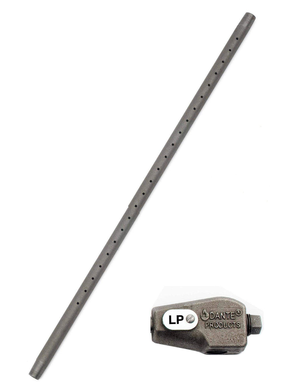 Gas log lighter burner pipe with perforations and LP-labeled mixer