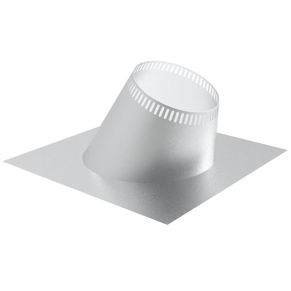 Gray metal chimney roof flashing with tapered collar and wide flat mounting flange