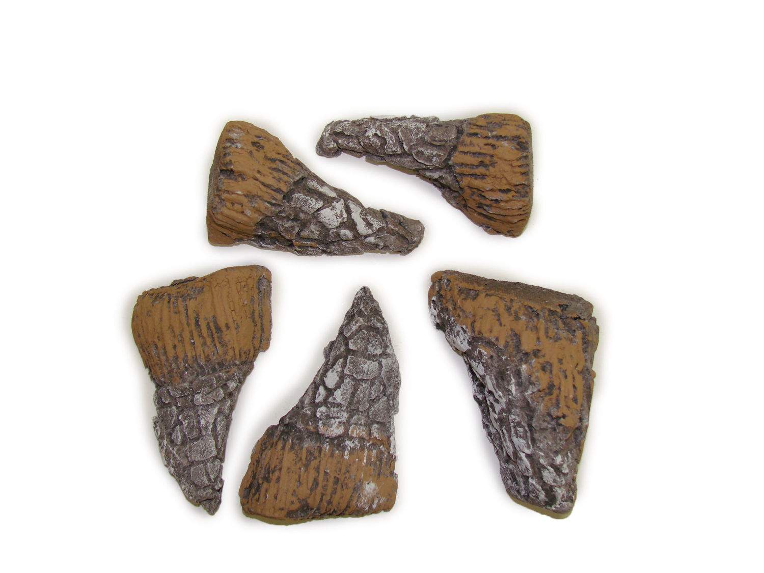 Set of 5 ceramic fiber wood bits, irregular charred pieces with brown and gray texture