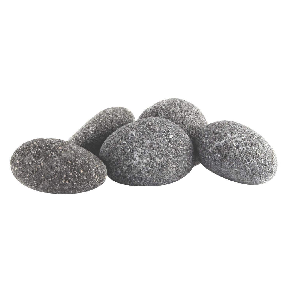 Dark gray lava stones, smooth oval pebbles for fire pit landscaping