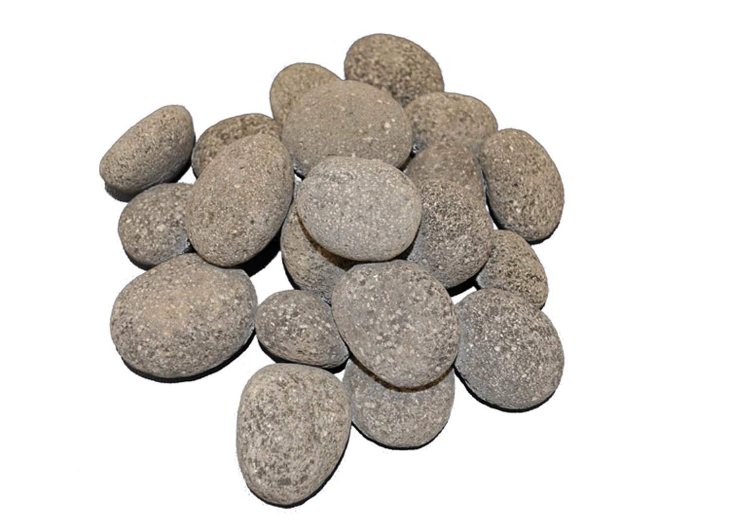 Gray lava stones, smooth rounded pebbles, mixed sizes for fire pit landscaping