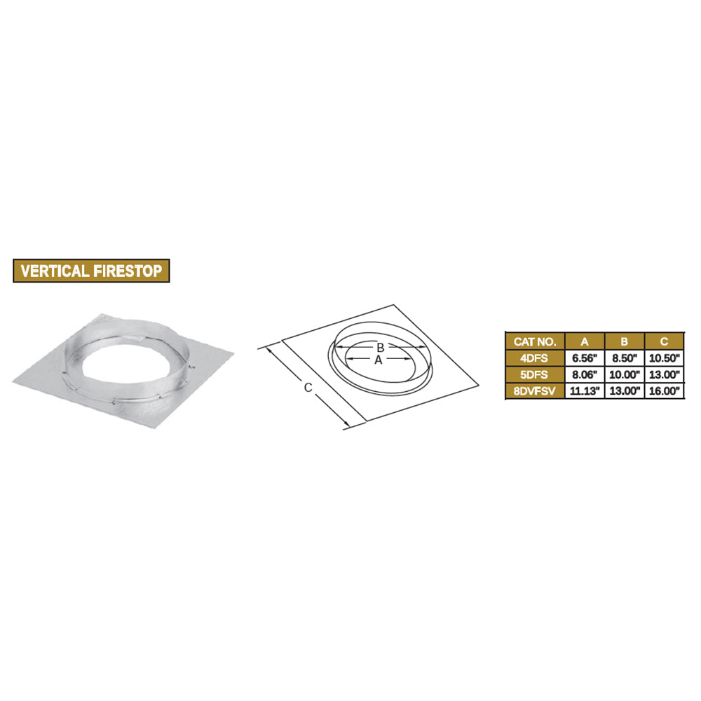 Vertical firestop kit: metal flange ring with square plate shown with size diagram