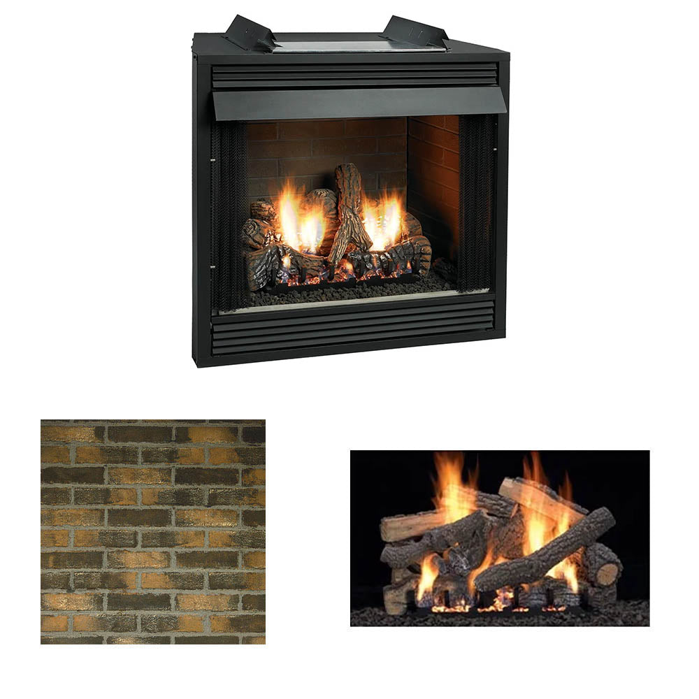 Ventless gas fireplace firebox, matte black front with flames and logs behind glass.