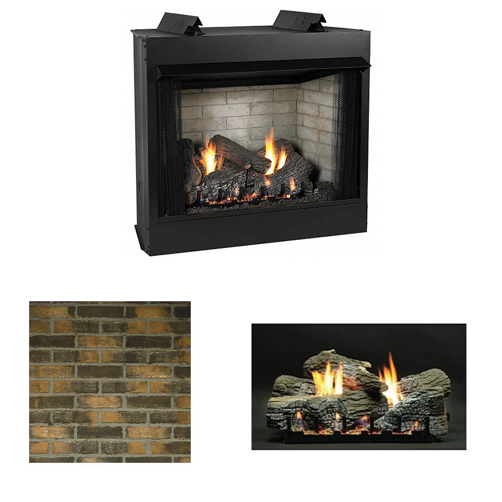 Ventless gas fireplace firebox with black surround, brick texture option, and glowing logs